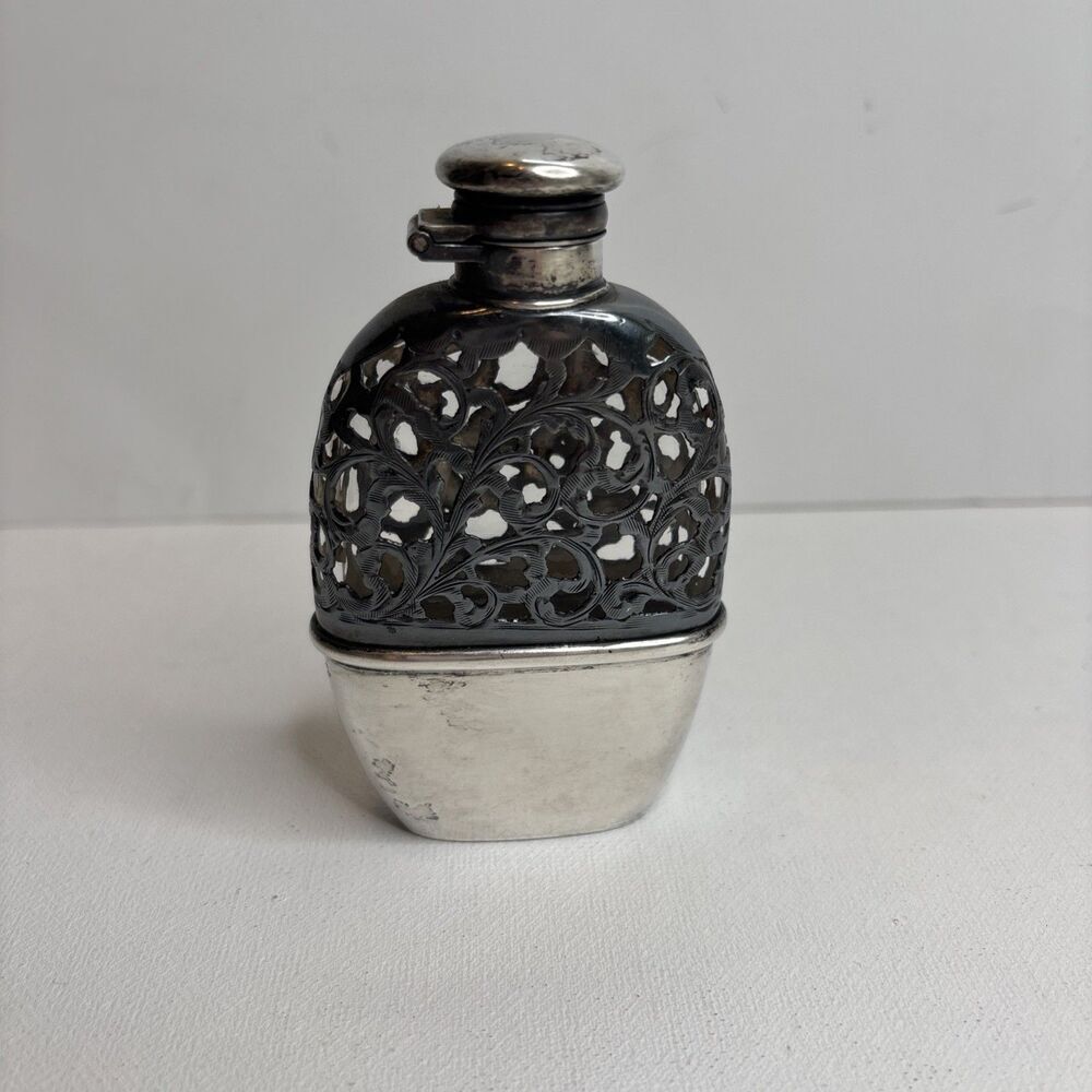 Vintage Art Nouveau Sterling Silver Perfume Bottle Overlay W/ Glass Hip Flask